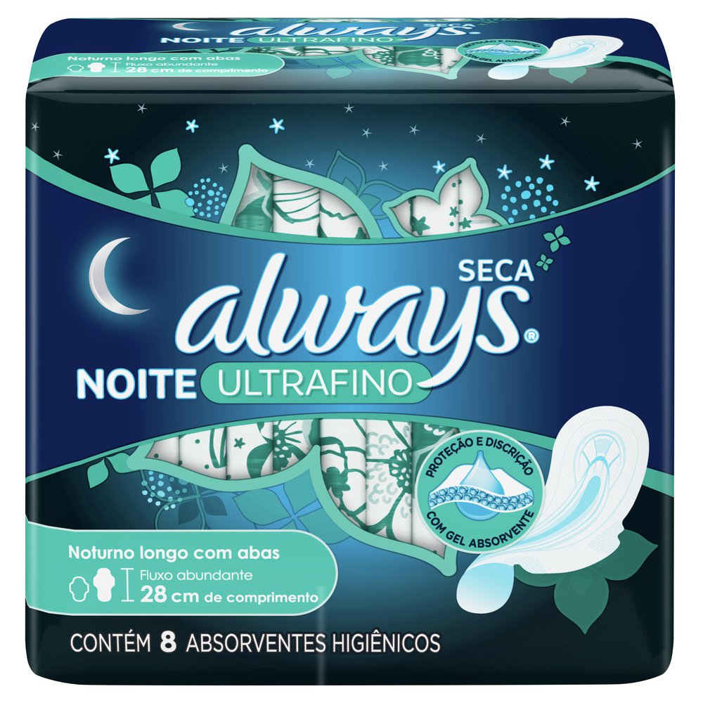 Absorvente Ultrafino Noturno 8 Unidades Cobertura Seca com Abas Always