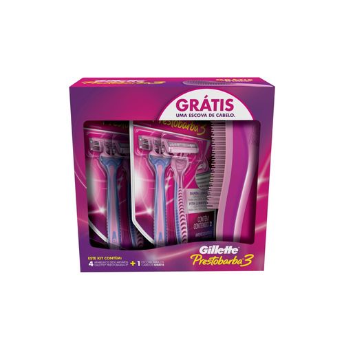 Kit 4 Aparelhos Descartáveis para Depilar Gillette Prestobarba3 Grátis 1 Escova de Cabelo