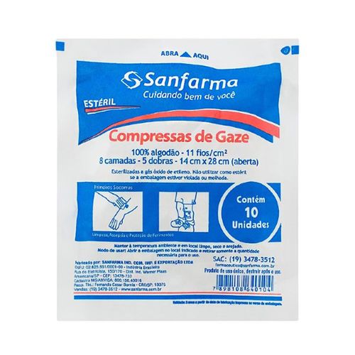 Compressa Gaze Sanfarma Esteril 11 Fios 10Un - Sem Marca - Nao Identificado