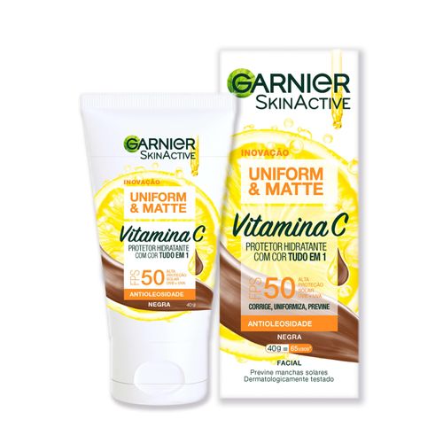 Protetor Hidratante Facial Uniform & Matte Vitamina C FPS 50 Cor Negra 40g Garnier