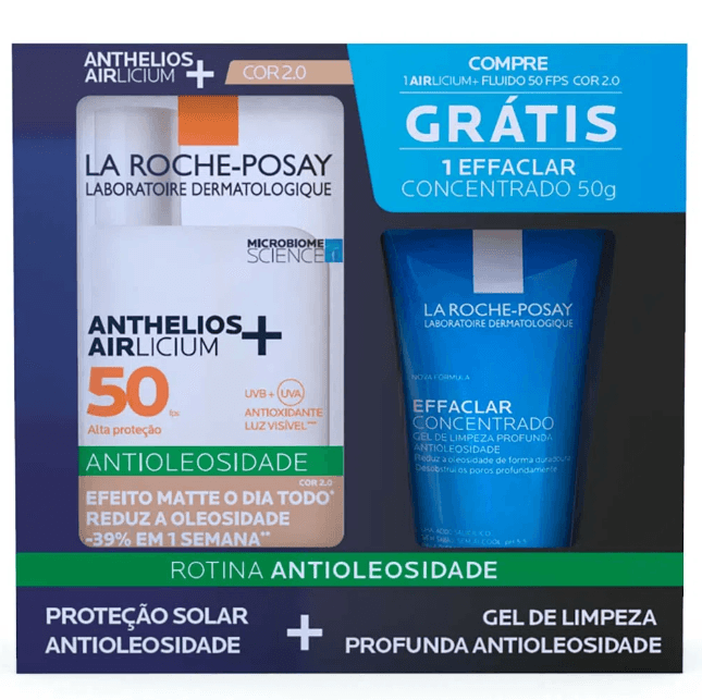 Encontraproduto.com.br - Kit La Roche-Posay Protetor Solar Anthelios Airlicium+ FPS 50 Cor 2.0 40g + Gel de Limpeza Facial Effaclar Concentrado 50g
