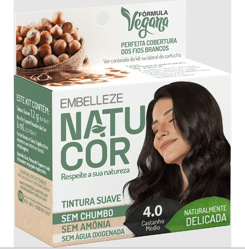 Tintura Suave Embelleze Natucor 4.0 Castanho Médio 1un (12g) + Natufix 6ml Natucor