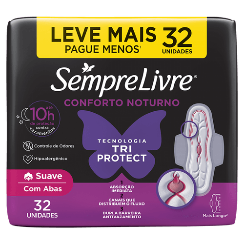 Absorvente com Abas Suave Sempre Livre Conforto Noturno Pacote 32 Unidades Leve Mais Pague Menos