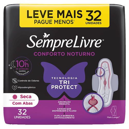 Absorvente com Abas Seca Sempre Livre Conforto Noturno Pacote 32 Unidades Leve Mais Pague Menos