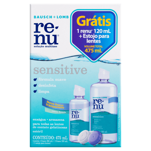 Solução para Lente de Contato Renu Sensitive Caixa 475ml Grátis 120ml e Estojo para Lentes