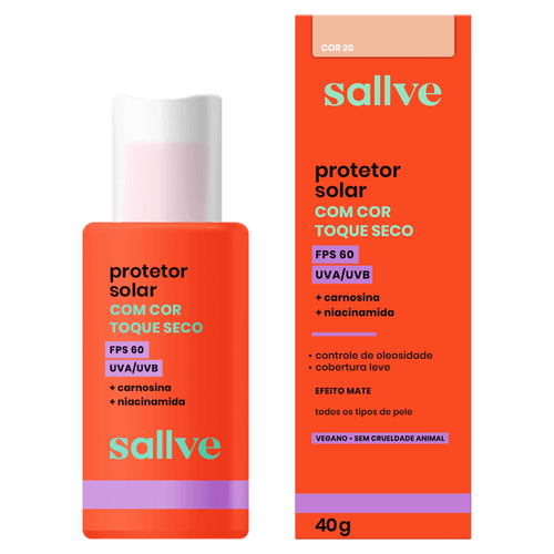 Protetor Solar Facial Sallve Toque Seco com Cor 20 FPS 60 - 40g