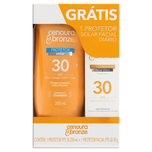 Kit Protetor Solar Corporal Cenoura & Bronze FPS30 200ml e Protetor Facial FPS30 50g