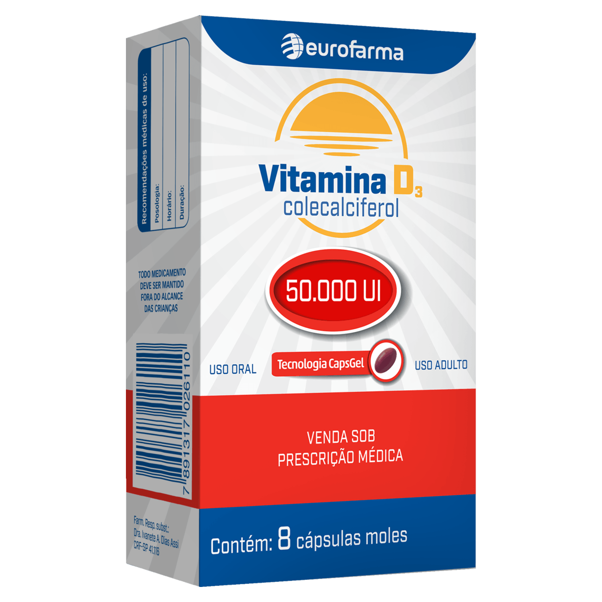 Vitamina D3 Eurofarma 50.000 UI, caixa c/08 cápsulas moles