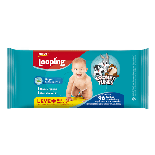 Toalha Umedecida com Aloe Vera Looney Tunes Looping - 96 Unidades