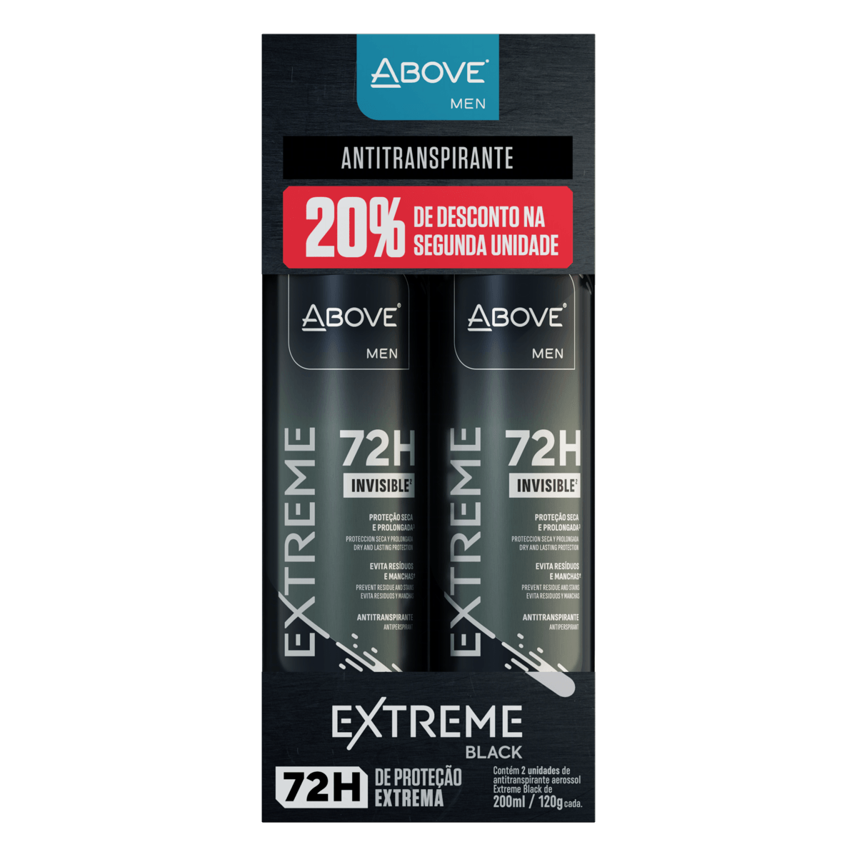 Kit Desodorante Antitranspirante Above Men Extreme Black Aerossol 2 Unidades 200ml Cada