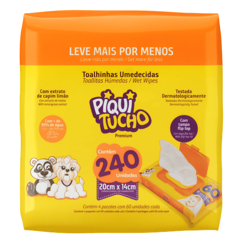 Lenço Umedecido Infantil com Extrato de Capim Limão Piquitucho Premium C/ 4 Unidades com 60 Unidades Cada