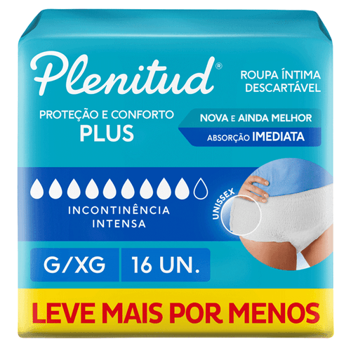 Roupa Íntima Descartável Unissex Plenitud Plus G/XG Pacote 16 Unidades Leve Mais Pague Menos