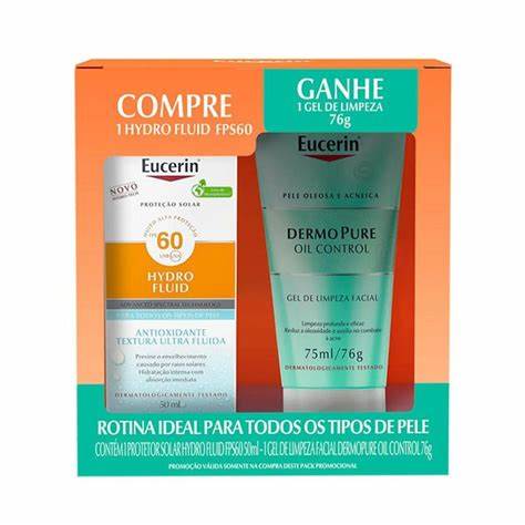Kit Eucerin Protetor Solar Facial Hydro Fluid FPS 60 50ml + Gel de Limpeza Profunda Dermo Pure Oil Control 75ml