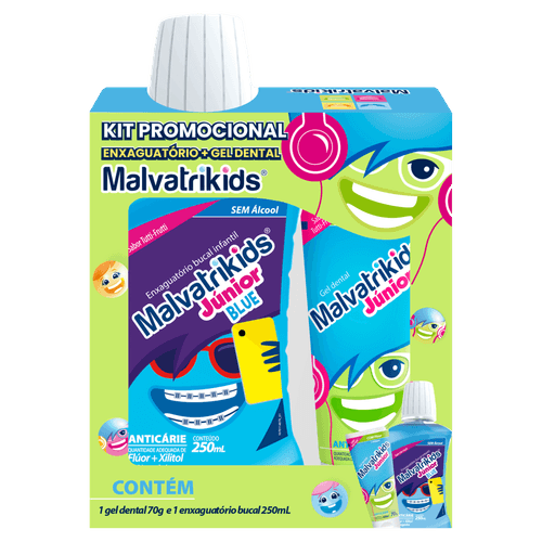 Kit Malvatrikids Júnior com  Enxaguante Bucal Tutti Frutti 250ml Blue + Gel Dental com Flúor 70g