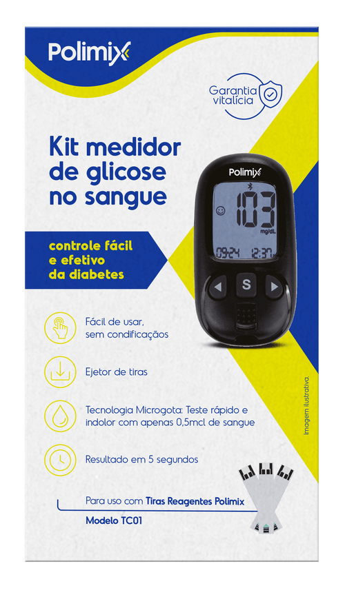 Kit Aparelho Medidor de Glicose Polimix 10 tiras + Lancetador + Estojo
