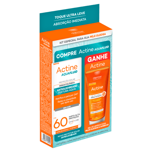 Kit Protetor Solar Aqua Fluid Antioleosidade FPS 60 Grátis Gel de Limpeza Facial Darrow Actine 40g Cada