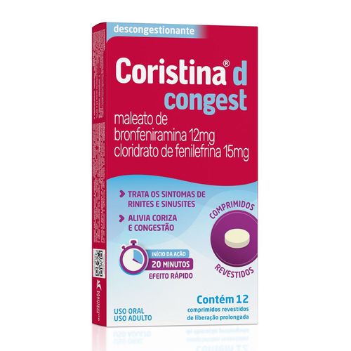 Descongestionante Coristina D Congest Bronfeniramina Fenilefrina Caixa 12 comprimidos