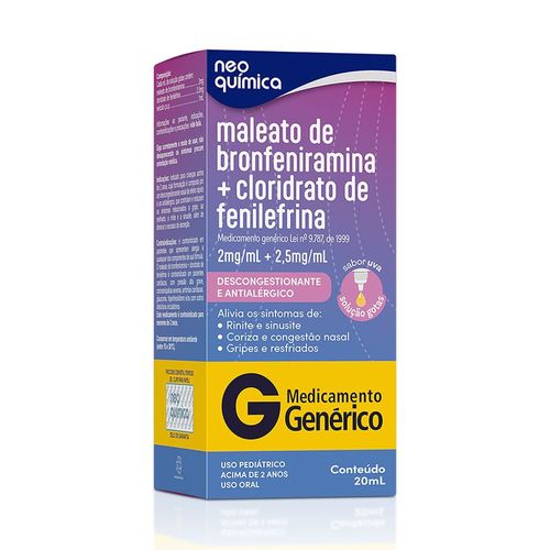 Descongestionante Nasal Maleato de Bronfeniramina + Cloridrato de Fenilefrina Neo Química 2mg + 2,5mg Gotas 20ml