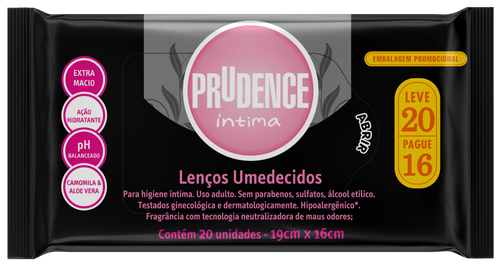 Lenço Umedecido Íntimo Extra Macio Prudence - 20 Unidades