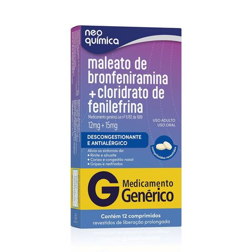 Maleato de Bronfeniramina + Cloridrato de Fenilefrina 12mg + 15mg Neo Química - 12 Comprimidos