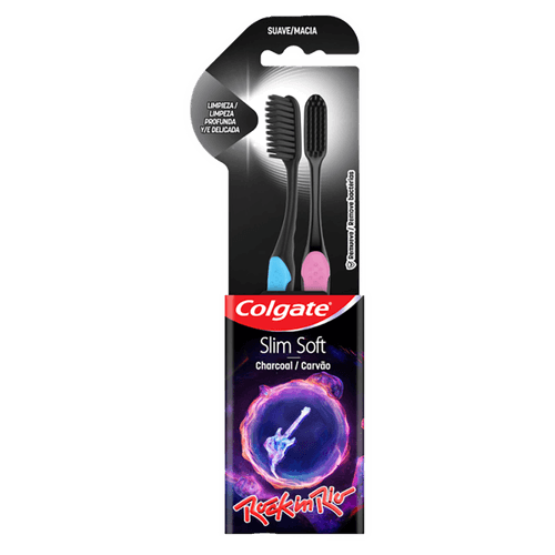Escova Dental Macia Carvão Rock in Rio Colgate Slim Soft - 2 Unidades