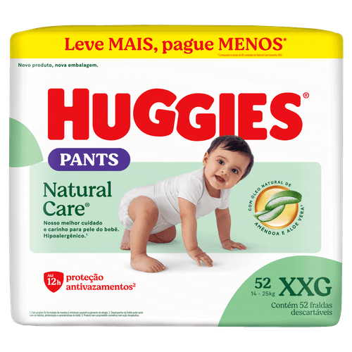 Huggies Fralda Roupinha Natural Care Hiper XXG 52un Xtra-Flex 12h Respirável