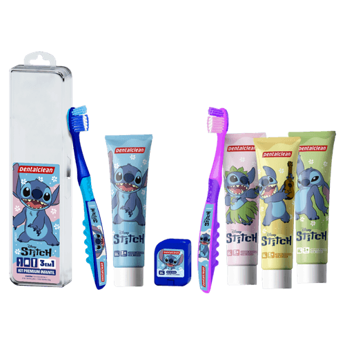 Kit Infantil Stitch Escova Macia + Fio Dental 20m + Gel com Flúor 50g