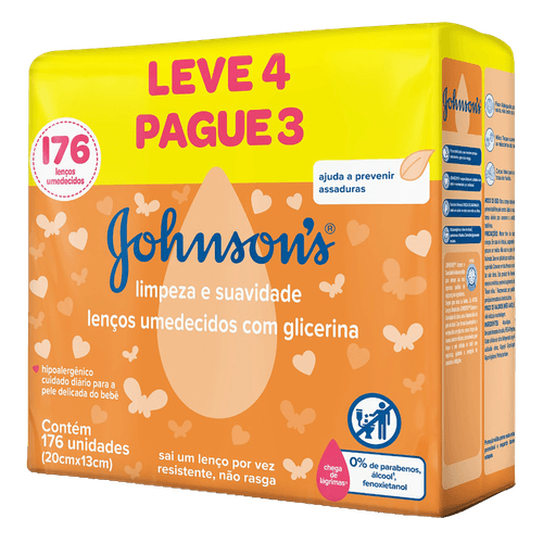 Pack Lenço Umedecido Bebê Johnson's Pacote 176 Folhas Leve 4 Unidades Pague 3 Unidades