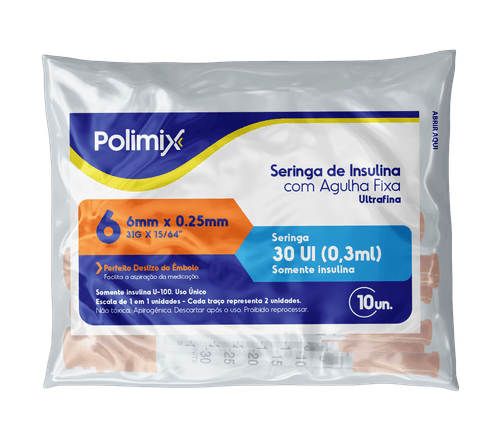 Seringa para Insulina Polimix 30UI com Agulha 6mm - 10 Unidades