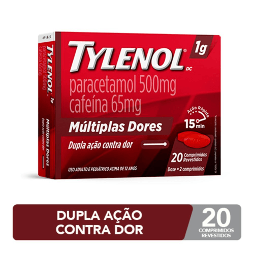 Tylenol DC Multiplas Dores  500mg Paracetamol + 65mg cafeína - 20 Comprimidos