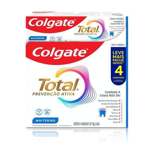 Kit Creme Dental Whitening Colgate Total Prevenção Ativa 90g - 4 Unidades