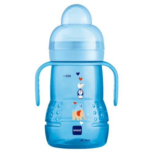 Copo de Transição MAM Trainer Boys Azul 220ml Silicone SkinSoft Antivazamento Independência