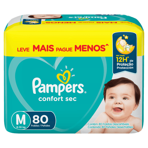 Pampers Fralda Confort Sec M 80 un - 12h Proteção, 3 Canais Gel e Barreiras Antivazamento
