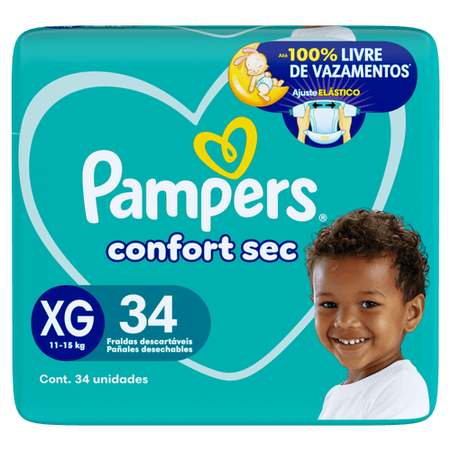 Pampers Fralda Confort Sec XG 34 un - Até 12h, Gel 3 Canais e Barreiras Antivazamento