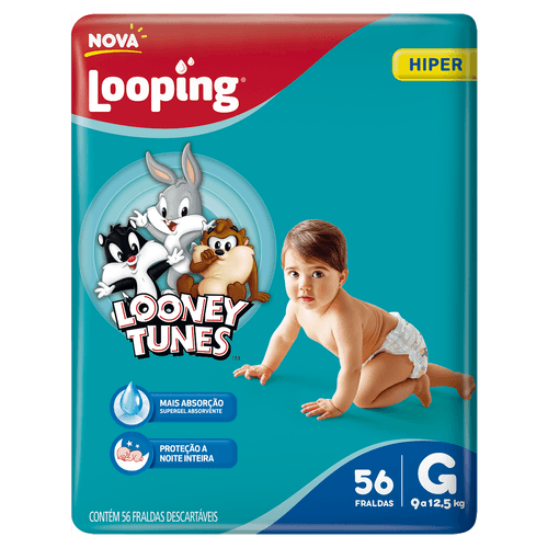Looney Tunes Fralda Descartável Looping Hiper G 56un - Superabsorvente Proteção Noturna