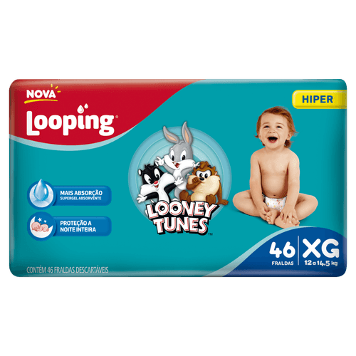 Looney Tunes Fralda Descartável Alta Absorção Proteção Dia e Noite Looping Hiper XG
