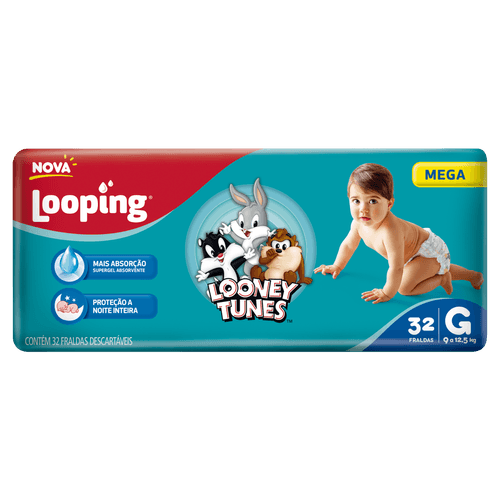 Looney Tunes Fralda Descartável Mega G 32un Super Gel, Cintura Elástica e Anti-vazamento