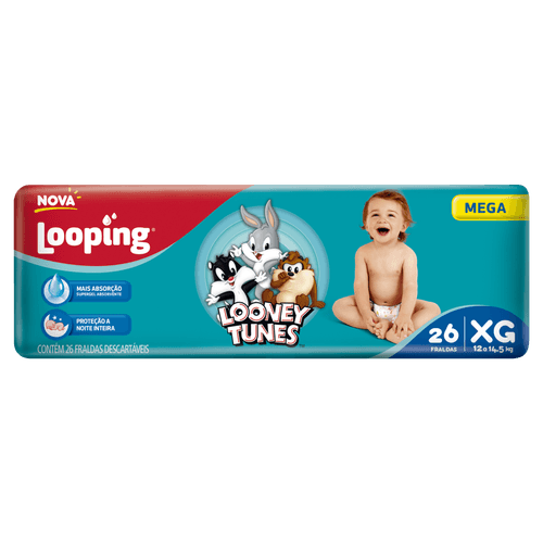 Looney Tunes Fralda Descartável Super Gel Absorvente 10h Cintura Elástica Looping Mega XG