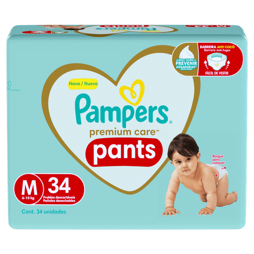 Pampers Pants Premium Care M 34 un. – Cintura 360°, Indicador de Umidade, 12h