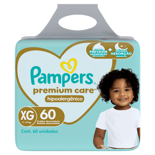 Pampers Fralda 12h proteção hipoalergênica respirável Premium Care XG 11-15kg 60un