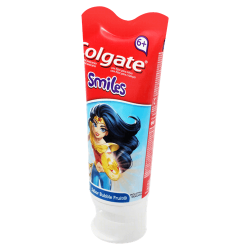 Gel dental infantil Colgate Smiles 100g Bubble Fruit Mulher Maravilha - Anticáries