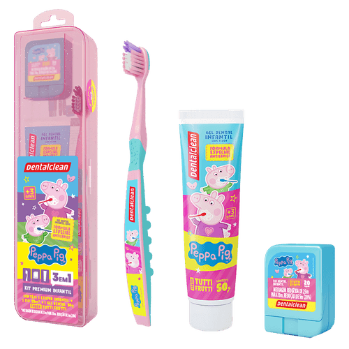 Kit Escova Dental Infantil Peppa Pig Escova+Fio25m+Gel50g Tutti-Frutti Dentalclean Proteção