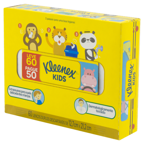 Lenço de Papel Folha Dupla Extra Suave Kleenex Kids Caixa Leve 60 Pague 50 Unidades