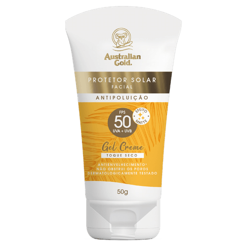 Protetor Solar Facial Gel Creme Toque Seco FPS 50 Australian Gold Caixa 50g