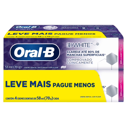 Oral-B 3D White Brilliant Fresh Creme Dental Anticáries Com Flúor 70 g - 4 Unidades