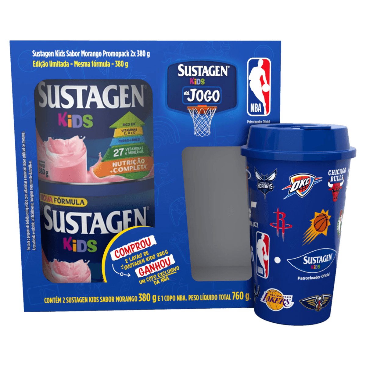 Sustagen Kids Pack NBA Morango Caixa 760g 2 Unidades Grátis Copo Exclusivo NBA