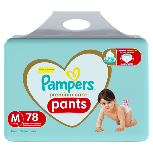 Pampers Fralda Pants Premium Care M 78un - Cintura 360º, 12h, Hipoalergênica