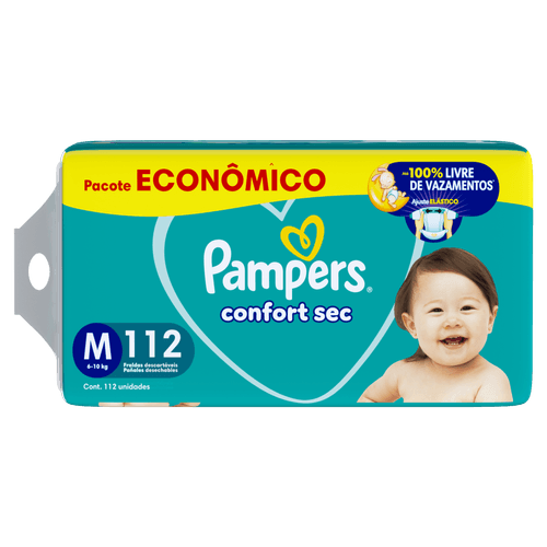Pampers Fralda Descartável M Confort Sec 112un - 12h Absorção, Antivazamento