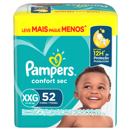 Pampers Fralda Descartável Confort Sec XXG 52 Un Até 12h Absorção Hipoalergênica