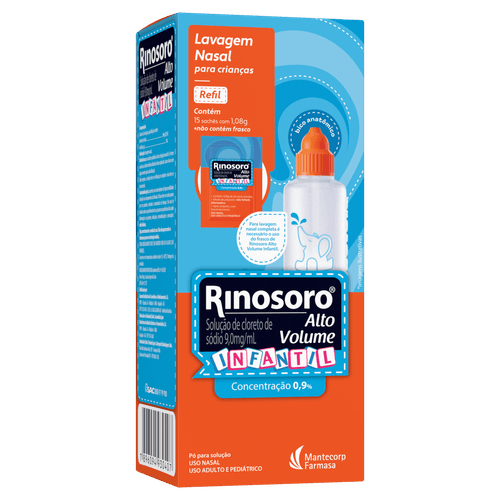 Solução Nasal Rinosoro Alto Volume Infantil Cloreto de Sódio 9mg/ml Pó para Solução 15 Sachês